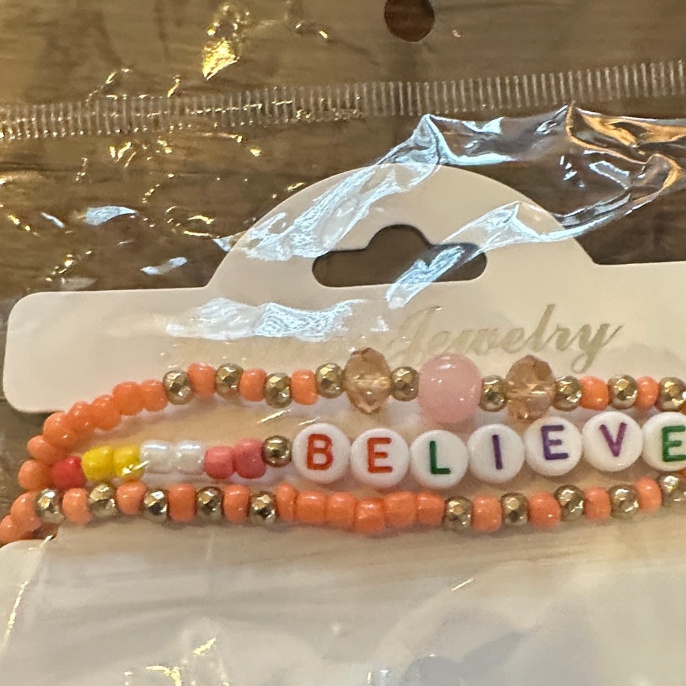 Believe Beaded Bracelet Set - Orange, Pink, Gold